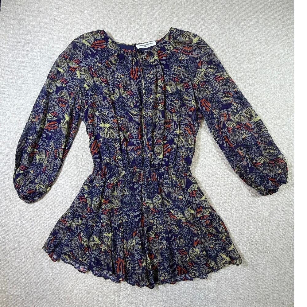 Amanda Uprichard Women's Medium Blue Butterfly Print Long Sleeve Romper Dress